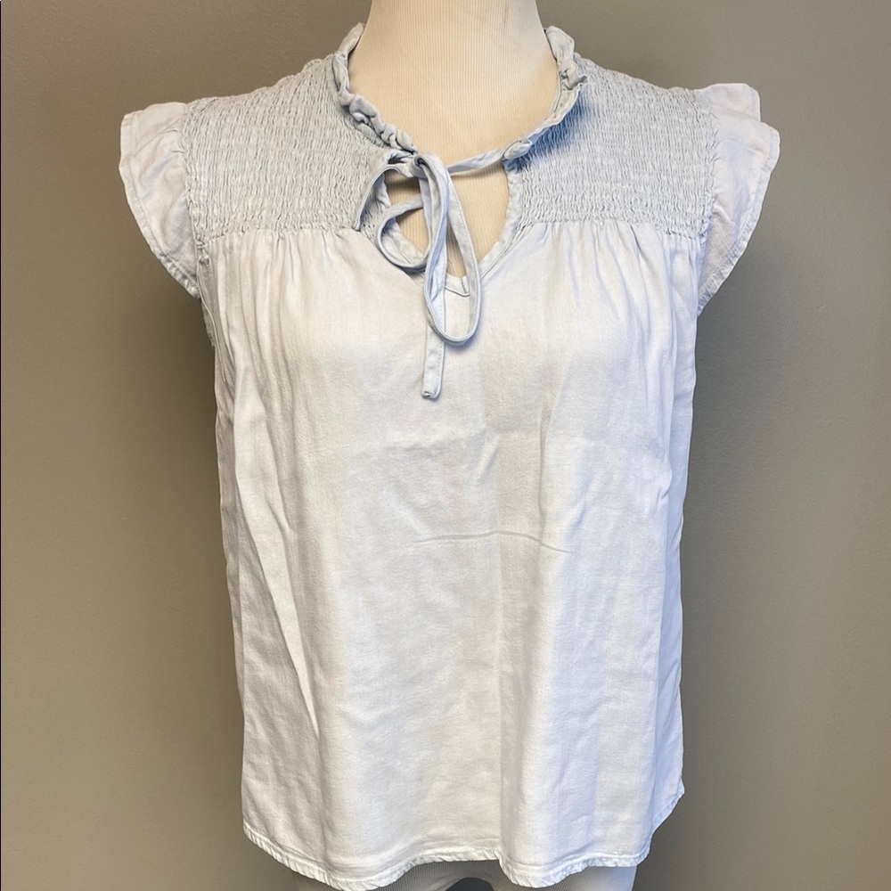 For The Republic Blue Flutter Sleeve Smocked Blouse